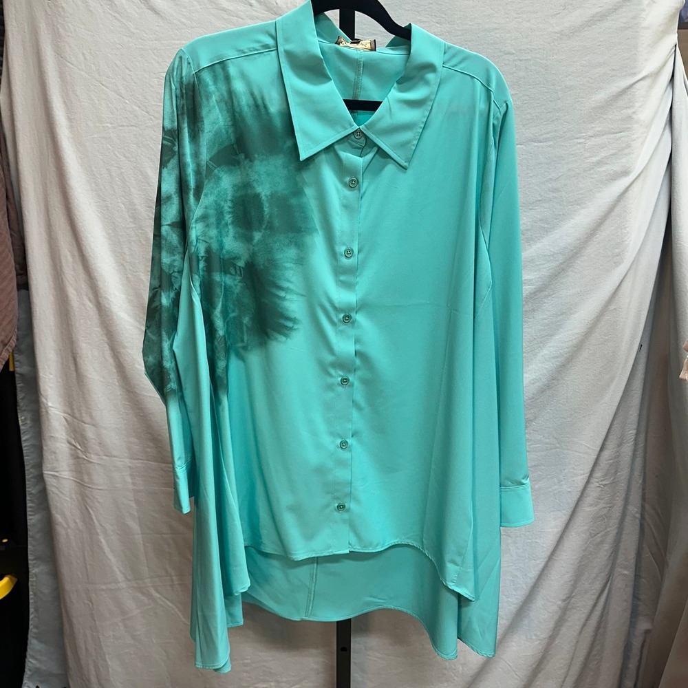 Denise‎ Karaman Teal Green Button Down Shirt Hi-Low Hem Tie Dye Blouse QVC - Picture 2 of 12
